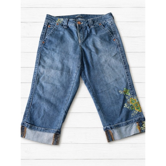 jeanstar Denim - Jeanstar Womens 14W Embroidered Cuffed Floral Capri Jeans Y2K Cottagecore Retro